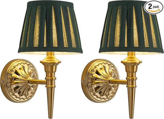 KDG Cordless Gold Wall Sconces Set of 2, Green Fabric Lampshde Wall Lamps | Small LED Wireless Portable Rechargeable Battery Lighting for Wall Painting, Living Room, Bedroom, Hallway, Gifts, Nightlight