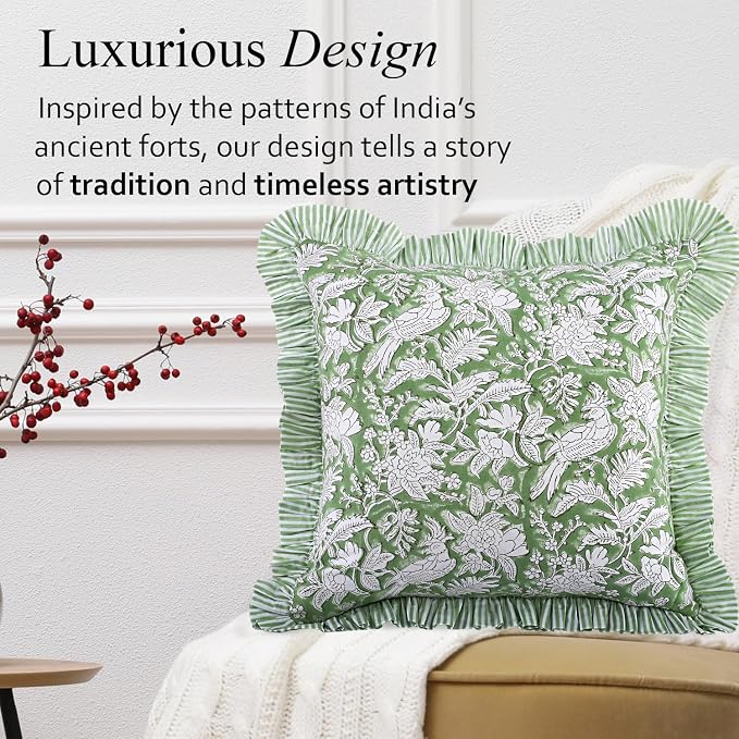 CPC Olive Green Ruffle Throw Pillow Covers for Couch, 24x24 Inch Cotton Stripe Ruffle Couch Pillows for Living Room, Hidden 20 Inch Zipper Boho Pillow Case or Cute Outdoor Pillows