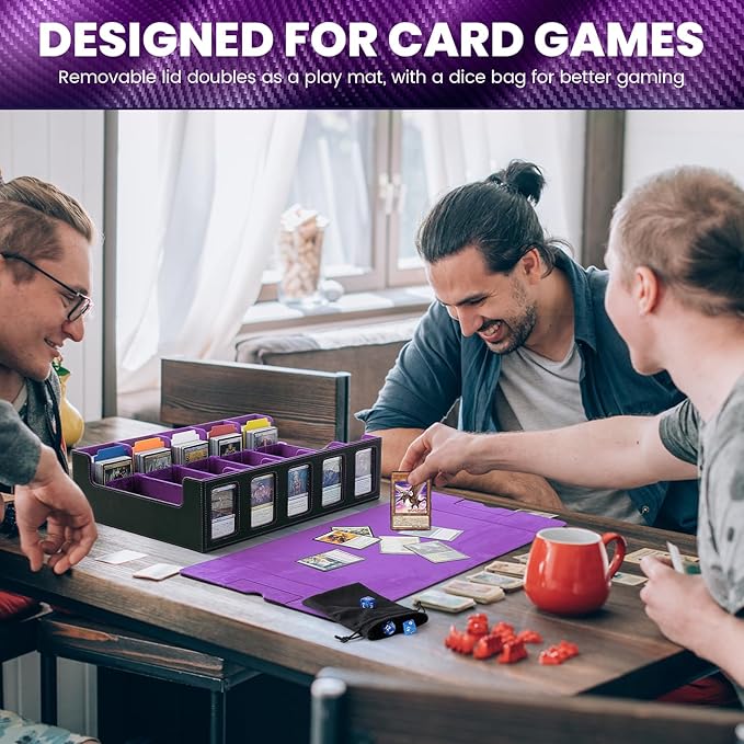 Trading Card Storage Box with Handle,5-Row Portable Leather Deck Case for 4000+ Cards,Purple Card Collection Box with Commander Display Window for MTG,Yugioh, and Sports Cards,Gifts for Card Collector