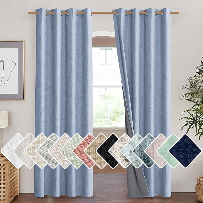 NICETOWN Stone Blue Vintage Linen 100% Blackout Curtains for Living Room, Thermal Insulated Curtains 90" Long, Noise Reducing Window Treatment Drapes for Home Cinema, 52" Wide Per Panel, Set of 2