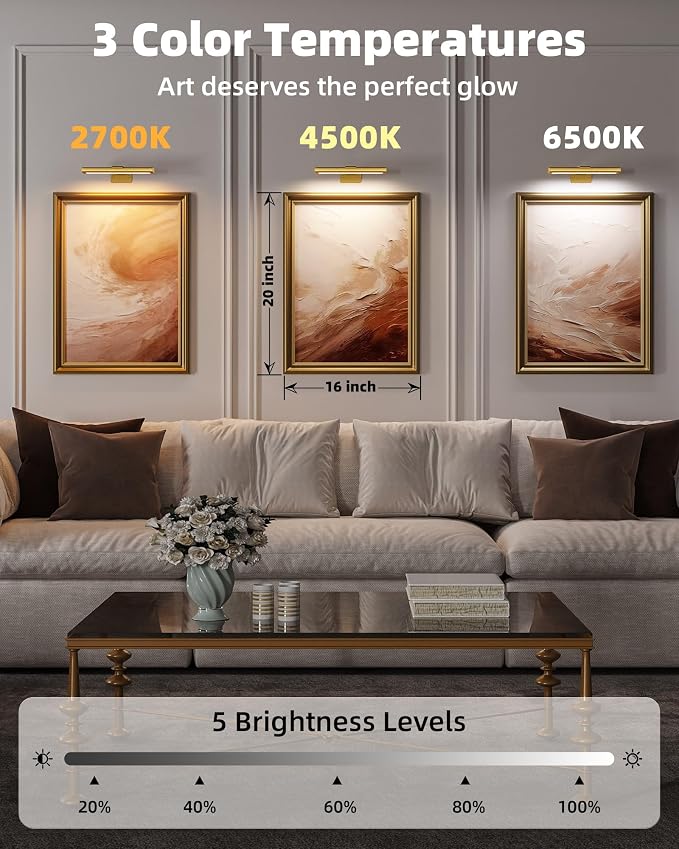 EZVALO Picture Light for Wall, Rechargeable 2400mAh Gold Lights Wireless with IR Remote, 3 Color & Dimmable Magnetic 7.87'' LED Lights Display for Painting, Living Room, Gallery, Bedroom Art (2P)