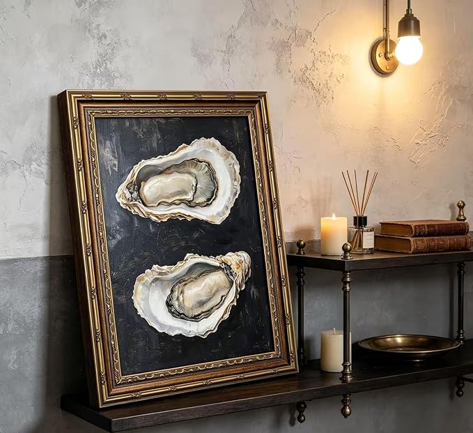 Vintage Gold Framed Oyster Wall Art Dark Moody Seafood Shell Shel Painting Canvas Print Black Background Seafood Still Life Picture Wall Decor Oyster Paintings Poster Artwor for Kitchen Dining