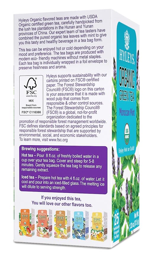Hyleys Organic Green Tea Moroccan Mint Flavor - 25 Tea Bags (Pack of 2)