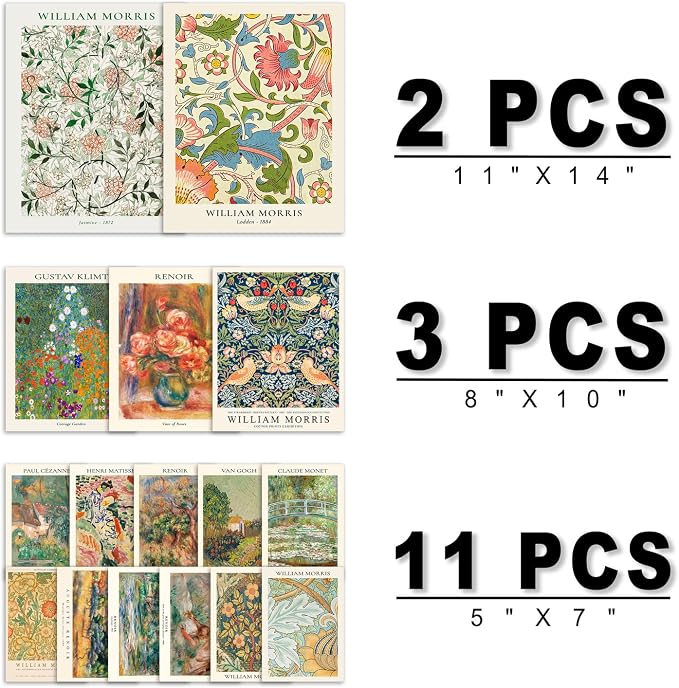 ANERZA 16 PCS Vintage Eclectic Wall Art Decor, William Morris Wall Prints for Bedroom, Posters for Room Aesthetic, Wall Collage Kit Pictures for Living Room, Colorful Dorm Gallery Home Decor