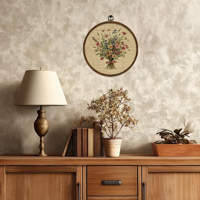 KLYTINK Vintage Floral Round Wall Art Decor,Boho Wildflower Botanical Canvas Print,Retro Wall Hnging Decor for Farmhouse Bedroom Living Room Gallery Space 10"x10"(Letter Flowers-04)