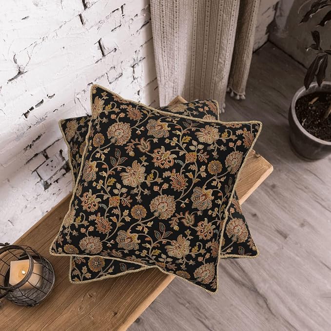 Vintage Tapestry Floral Soft Velvet Throw Pillow Covers Set of 2 Black Brown Bohemian Boho Carpet Flowers Decorative Pillow Covers 18x18 Inch Rustic Retro Rug Pillow Case For Sofa Couch Home Decor