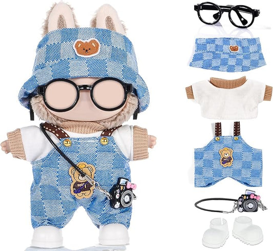17cm Doll Clothes Outfits Accessories Set Include: 1 Hat, 1 Top, 1 Pants, 1 Bag, 1 Glasses and 1 Shoes for Dress up Your Dolls (Doll Not Included), Outfits #Blue