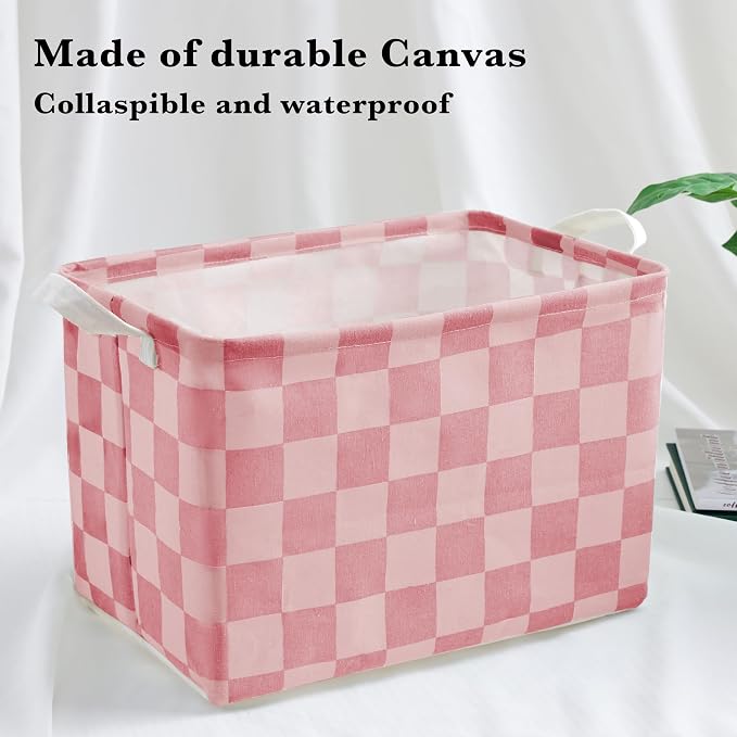 Ohocut Pink Coral Checkered Canvas Basket, Rectangular Organizing Decorative Storage Basket for Kids Dog Toy, Cute Aesthetic Race Cars Boy Room Decor for Home, Kitchen, Bedroom, Classroom, Shelves