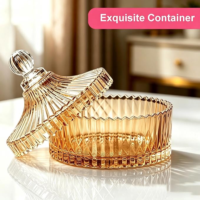 Big Body Powder Puff and Container, Glass Powder Container with Puff for Body and Face, Crystal Case and 6'' Soft Washable Reusable Velour Puff for Wet Dry Makeup（Yurt, Amber)
