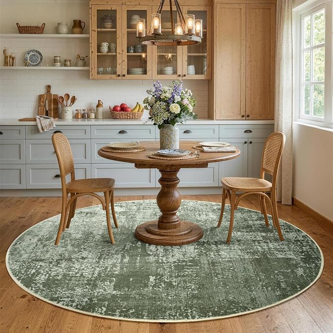 4Ft Round Area Rugs for Living Room, Soft Non-Slip Washable Rugs Modern Abstract Pattern Carpet for Bedroom Indoor Floor Nursery Home Decor (Green)