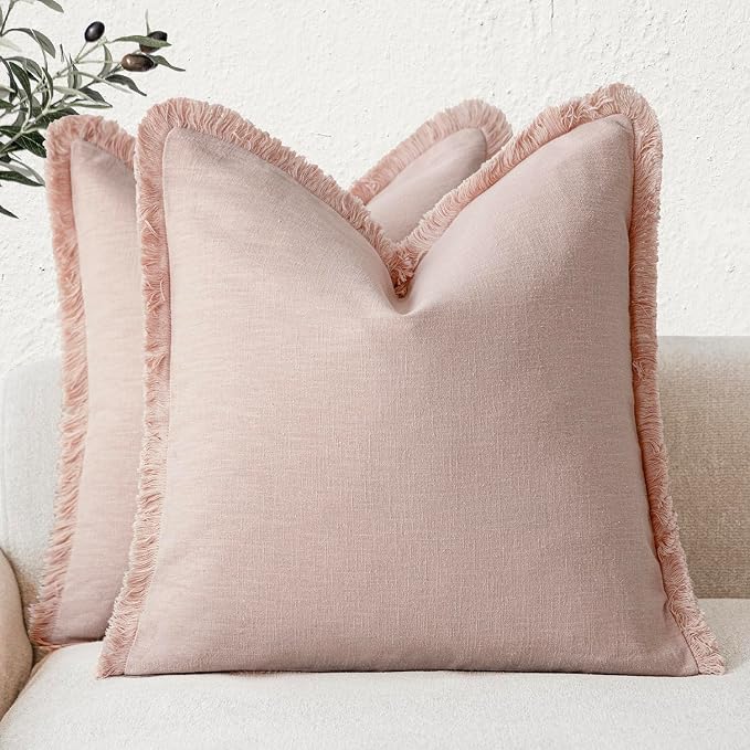 Foindtower Set of 2 Decorative Linen Fringe Throw Pillow Covers Boho Farmhouse Cushion Cover with Tassels Soft Accent Pillowcase for Couch Chair Sofa Bed Living Room Home Decor,24×24 Inch,Light Pink