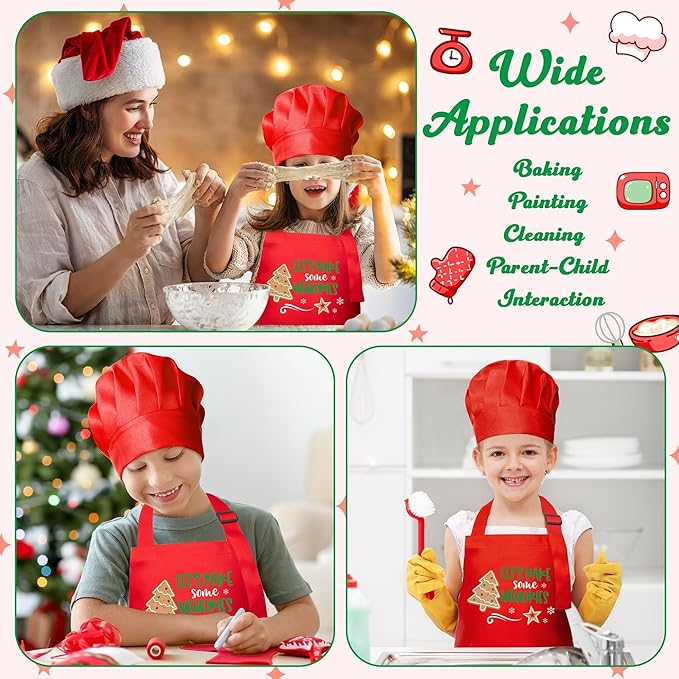 R HORSE Christmas Kid Apron and Chef Hat Set, 2Pcs Adjustable Children Xmas Red Kitchen Apron Dress up Role Play Chef Toy Cooking Baking Painting and Training Kits Christmas Gift for Kids
