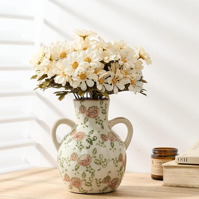 SIDUCAL Ceramic Vintage Pastoral Vase with Handles, 7 Inch Chinoiserie Floral Vase, Retro Ice Cracked Rustic Farmhouse Vases for Home Decor, Living Room, Bookshelf, Office, Tuscan Decor, Red Rose