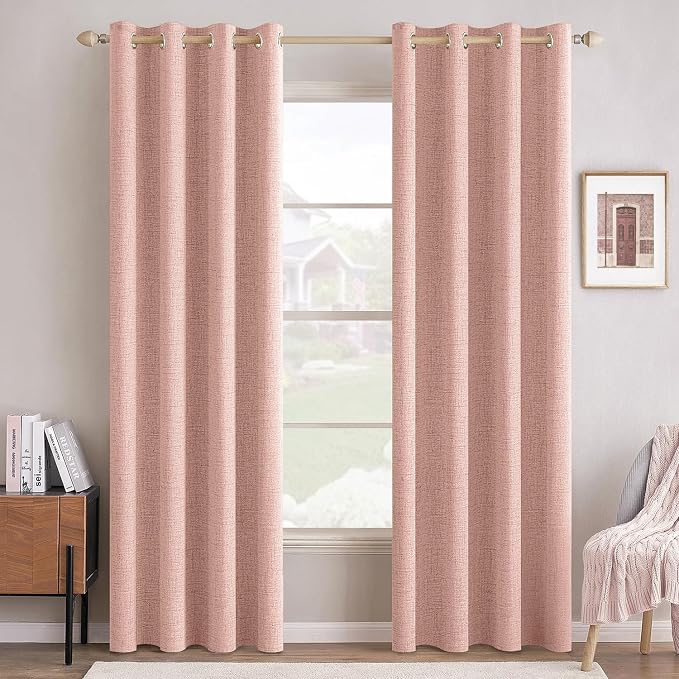 MIULEE 100% Blackout Linen Curtains for Bedroom Thermal Insulated Blush Pink Grommet Room Darkening Curtains & Drapes for Living Room 52 x 84 Inch (2 Panels)