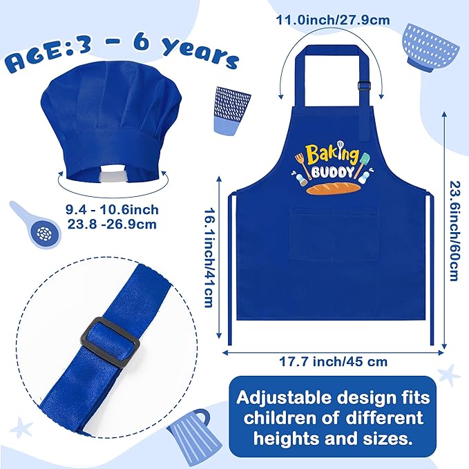 R HORSE 2Pcs Kid Apron and Chef Hat Set, Blue Adjustable Children Kitchen Toddler Apron for Boys, Dress up Role Play Chef Toy Funny Birthday Gift for Kids Cooking Baking Painting