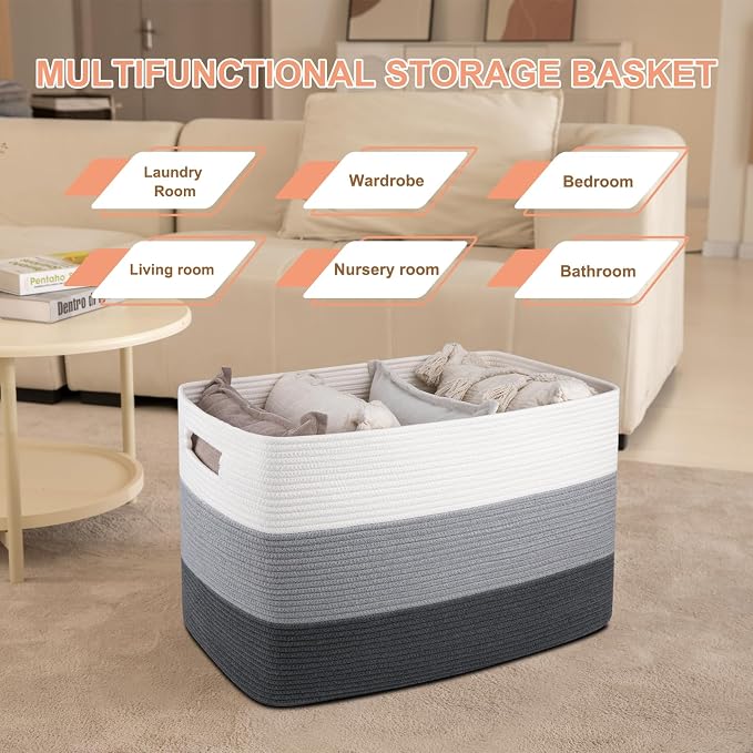 OIAHOMY 108L Super Large Blanket Basket, 25”x16”x16” Rectangle Woven Baskets for Storage, Cotton Rope Basket For Living Room, Toy Storage with Handle- Gradient Dark Grey