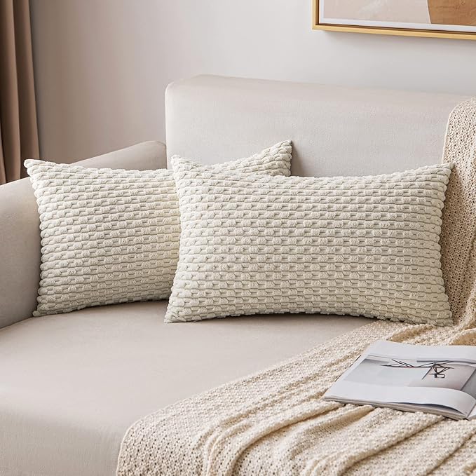 MIULEE Lumbar Decorative Throw Pillow Covers 12x20 Cream White Corduroy | Textured Striped Pack of 2 Striped Pillow Covers Modern Farmhouse Home Decor for Couch Bed Sofa Living Room