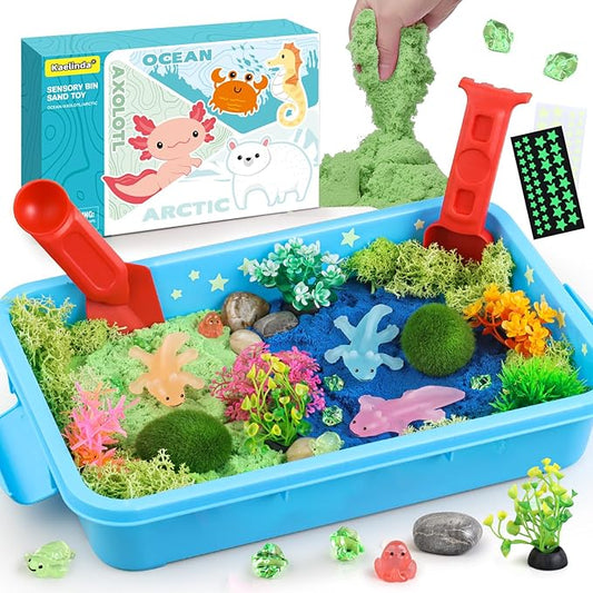 Kaelinda Axolotl Sensory Bin for Kids - Axolotl Toys Sand Sensory Bin with Lid, Art and Craft Axolotl Gifts Sensory Bin Sand for Kids Boys Girls 3-4 5-8 8-12 Birthday Christmas Gifts