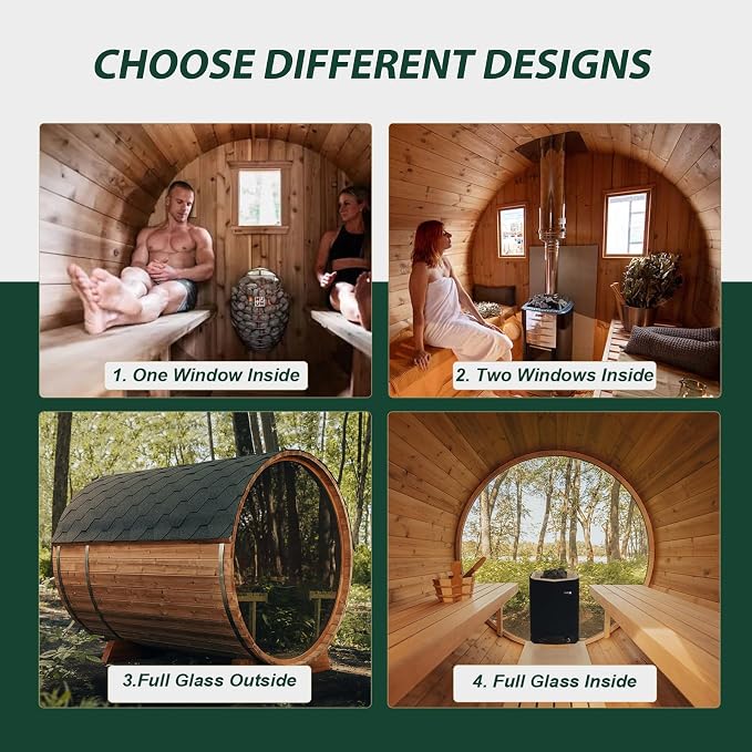 Smartmak Customized Outdoor Barrel Steam Sauna, 2-10 Person Canadian Hemlock/Red Cedar Traditional Wood Sauna Room with 220V ETL-Certified Heater, Backrest Headrest, Rocks, Light Accessories Included