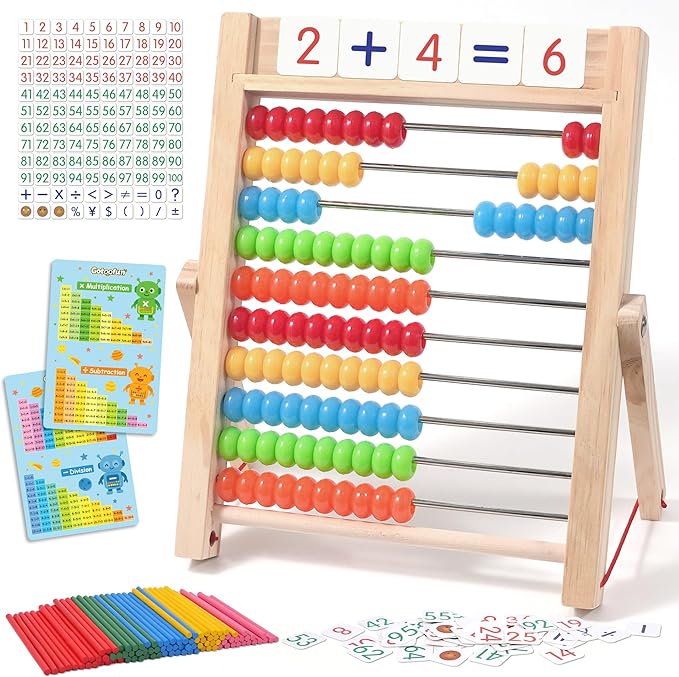 Wooden Abacus for Kids Math, Counting Toys for Toddlers Montessori Counters Beads Tools Preschool Homeschool Essentials with Sticks and Number Alphabet Cards