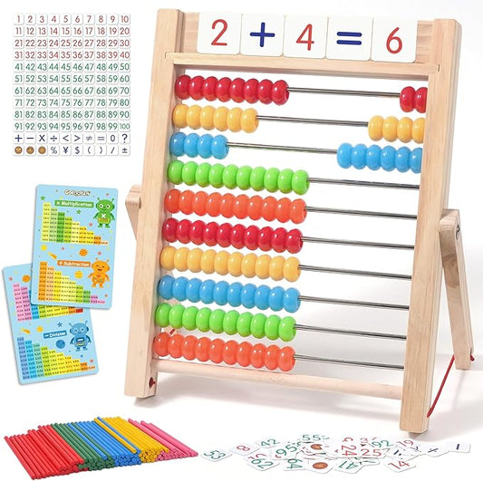 Wooden Abacus for Kids Math, Counting Toys for Toddlers Montessori Counters Beads Tools Preschool Homeschool Essentials with Sticks and Number Alphabet Cards