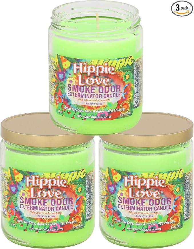 Smoke Odor Exterminator 13 oz Jar Candles Hippie Love, (3) Set of Three Candles.