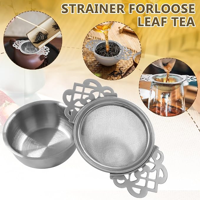 2 Pack Fine Mesh Tea Strainers with Drip Bowls, Stainless Steel Loose Leaf Tea Filter, Double Wing Handles for Mugs & Cups 2.5-4 Inch Mouth, Silver