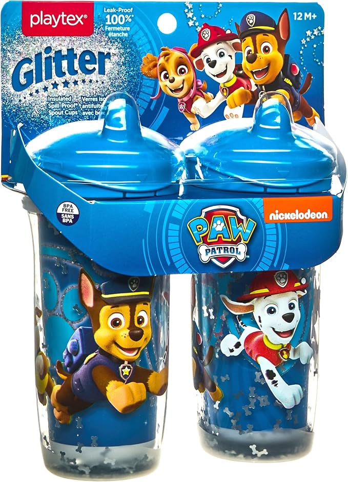 Playtex Baby Sipsters Hard Spout PAW Patrol Sippy Cup for 12+ Months, 9 Ounce (2 Count), Blue Glitter Chase and Marshall, Insulated Water Bottle for Kids, Spill-Proof Cups for Toddlers 1-3, Stage 3