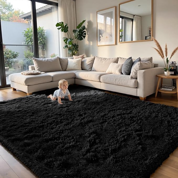 yongyangjuxin Fluffy Rug Shag Area Rug, Black 9x12 Area Rugs for Living Room, Large Shag Area Rugs for Bedroom Room Home Decor, Upgrade Anti-Skid Rectangular Fuzzy Rugs