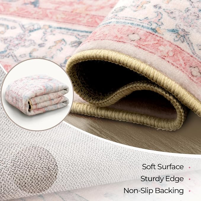 CAPALOCA Square 8ft Washable Nursery Girls Low Pile Area Rug Pink Teal | Non-Slip Soft Rugs for Bedroom Kids Playroom Living Room, Print Pattern Water Repellent Carpet Indoor Decor