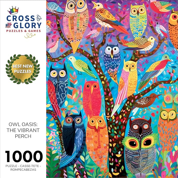 Cross & Glory - Owl Oasis: The Vibrant Perch - 1000 Piece Jigsaw Puzzle for Adults | Whimsical Owl & Garden Collage | Satin Finish