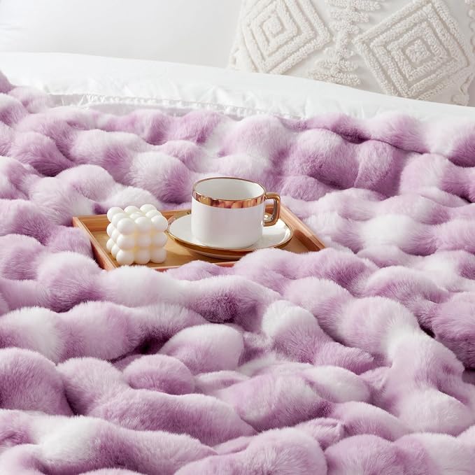 Luxury 1000GSM Faux Rabbit Fur Throw Blanket for Women, Super Heavy Warm Cozy Blankets for Couch Bed Sofa, Bubble Plush Fuzzy Soft Mink Blanket for Living Room Bedroom, Purple