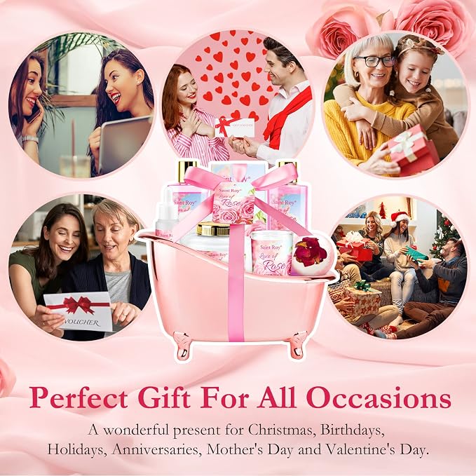 Spa Gifts for Women Rose Spa Gifts Bath and Body Gift Basket Set Care Kit | Bath Gift Set Self Care Pampering Kit with Shower Gel, Christmas, Valentines Day Gift for Mom, Birthday Gifts for Her, Wife