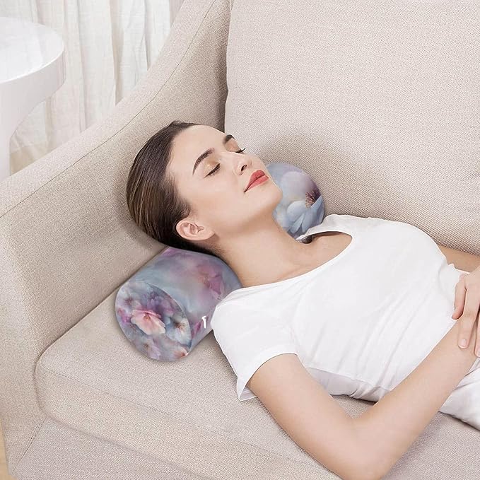 Blue Purple Cherry Blossoms Neck Roll Pillow Bolster Round Health Memory Foam Long Cervical Cylinder Pillows with Removable Washable Cover for Body Bed Legs Back Yoga