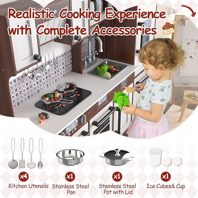 BRINJOY 2-Piece Kids Kitchen Playset, Wooden Play Kitchen Set for Toddlers, Modular Pretend Play Kitchen w/Light&Sound Stove Oven, Large Kitchen Cooking Toy w/Refrigerator, Gift for Girls Boys