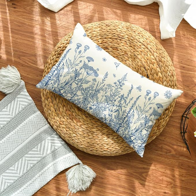 AVOIN colorlife Wildflowers Spring Blue Throw Pillow Cover 12x20 Inch | Summer Floral Cushion Case Decoration for Home Sofa Couch