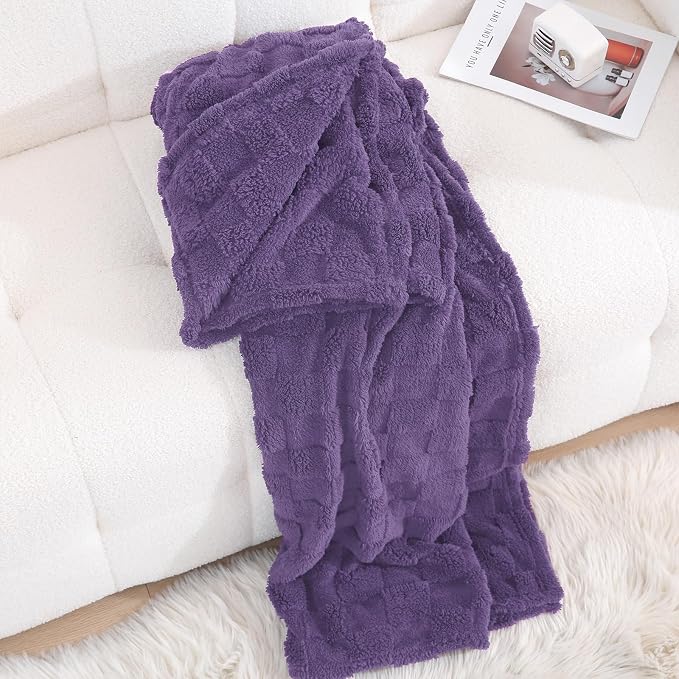 Lavender Fleece Throw Blanket 60”×80”Checkered Design for Couch | Super Soft Cozy Plush Microfiber 3D Square Pattern Flannel Blanket for Sofa Bed Lightweight for Adults,Women