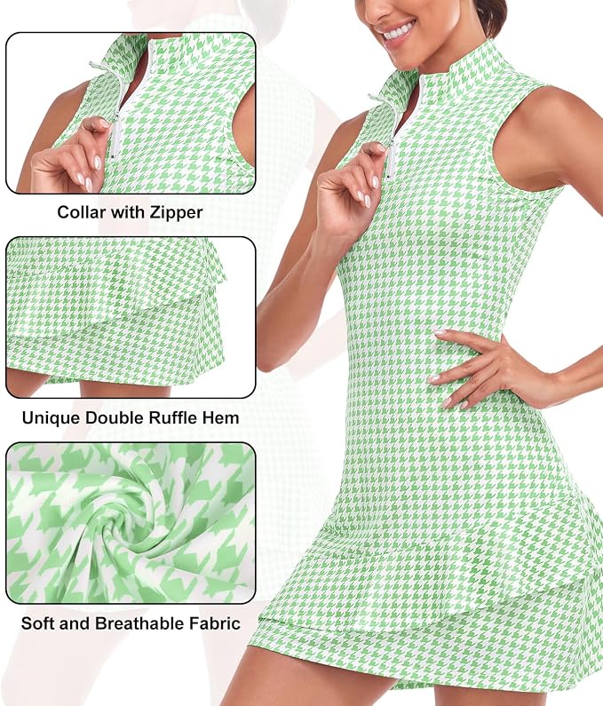 Viracy Tennis Dress for Women Sleeveless Golf Dresses with Shorts and Pockets Ruffle Zip Up Stand Collar Golf Outfits