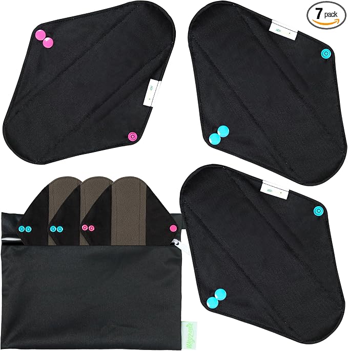 wegreeco Charcoal Reusable Menstrual Pads - Reusable Sanitary Pads | Reusable Panty Liners | Soft Cloth Menstrual Pad- 6 Pack with 1 Cloth Mini Wet Bag (Small, Black)