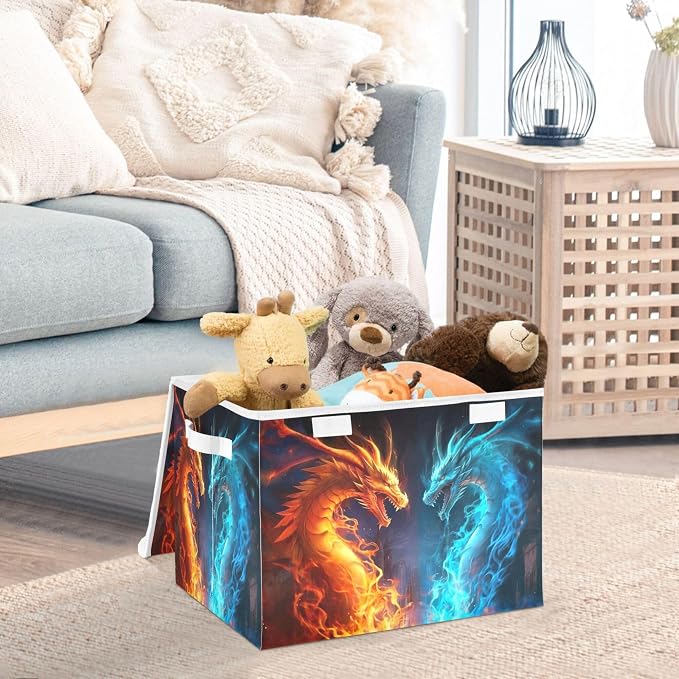 Fire and Ice Dragon Storage Bins with Lids and Carrying Handle,Foldable Storage Boxes Organizer Containers Baskets Cube with Cover for Home Bedroom Closet Office