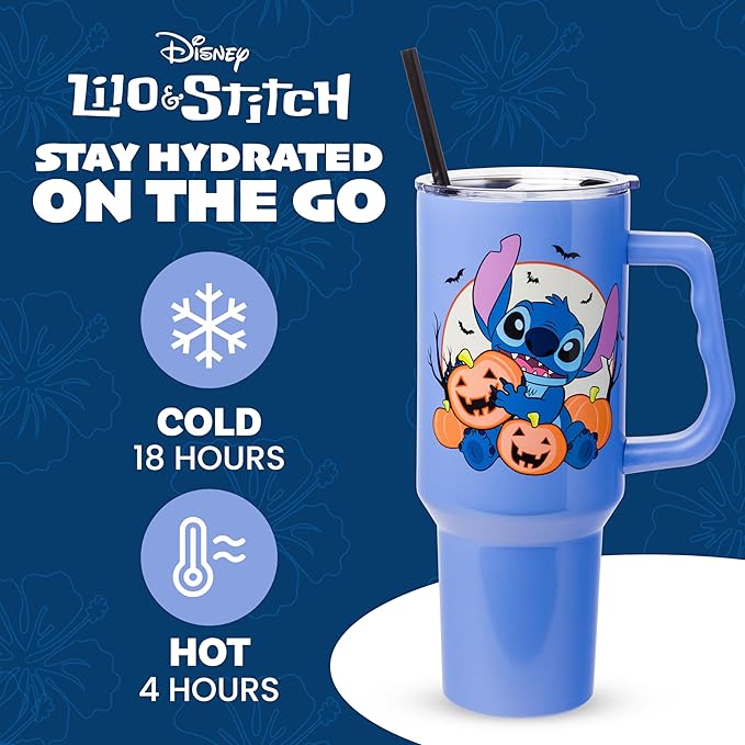 Silver Buffalo Disney Lilo and Stitch Halloween Spooky Pumpkin Jack-O-Lantern Double Walled Stainless Steel Tumbler with Handle and Straw, Fits in Standard Cup Holder, 40 Ounces