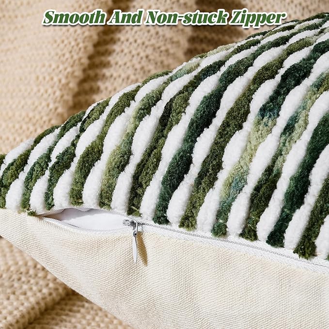 Set of 2 Boho Chenille Pillow Cover Decorative Tufted Pillowcase for Couch Bed Sofa Bedroom Living Room Modern 12 x 20-Inch Sage Green