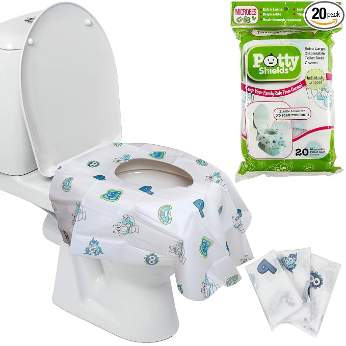 Potty Shields Toilet Seat Covers Disposable (20 Pack) - XL Waterproof Toilet Cover for Toddlers, Kids & Adults - Portable & Individually Wrapped for Travel, Potty Training, Vacations, Public Restrooms
