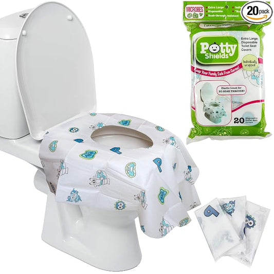 Potty Shields Toilet Seat Covers Disposable (20 Pack) - XL Waterproof Toilet Cover for Toddlers, Kids & Adults - Portable & Individually Wrapped for Travel, Potty Training, Vacations, Public Restrooms
