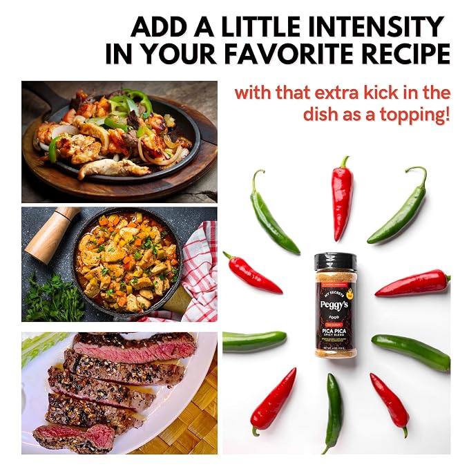 My Secrets Peggy's Food Pica Pica Spicy Blend - Premium Gourmet Seasoning with Jalapeño, Chili, and Scotch Bonnet Pepper - All-Purpose Heat for Grilling, Tacos, and Roasted Vegetables - 4 oz