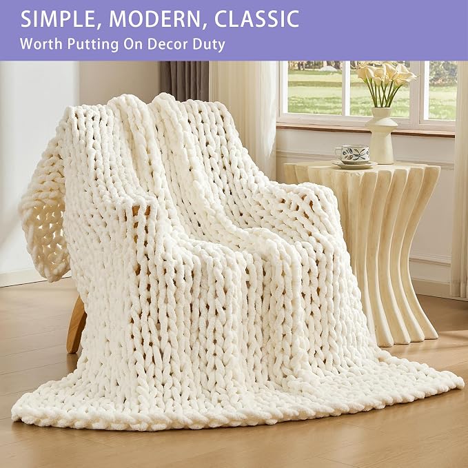 Bigacogo Chunky Knit Throw Blanket for Couch, 40x80 inches, Ivory | Hand Knit with Jumbo Chenille, Soft Breathable Cable Knit for Sofa Bed Living Room, Machine Washable, Gift for Mom Friend