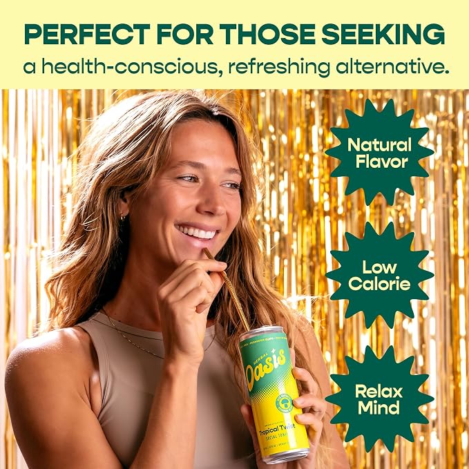 Herbal Oasis Tropical Twist 4-Pack - Mood-Boosting Mushroom Social Tonic, with Lion’s Mane, L-Theanine & Vitamin B12 - Low Calorie Vegan Drink, Non-Alcoholic for Mindfulness & Balance, 12 fl oz