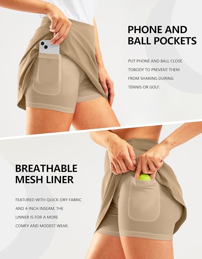 16" Golf Skirt with 2 Zipper Pockets | Tee Holder, Mesh Shorts, High Waisted, Casual, Pickleball, Athletic, Tennis, Skorts for Women