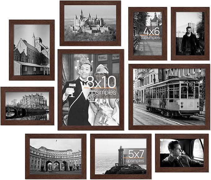 upsimples 10 Pack Picture Frames Collage Wall Decor for Mounting or Tabletop Display, Photo Gallery Frame Set for Family, Multi Sizes Including 8x10, 5x7, 4x6, Brown | Multi Picture Frames Collage Wall Decor, Gallery Wall Frame Set, Gift For Christmas,...