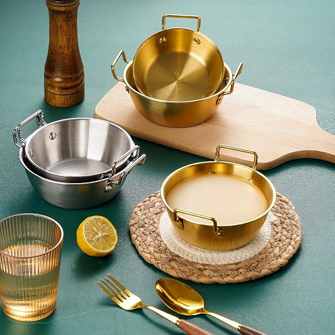 3Pcs Stainless Steel Sauce Dishes with Handles, Korean Golden Dipping Bowls | Small Metal Dipping Bowl, Korean Ramen Bowl, Mini Soup Bowl Stackable Appetizer Plates for Sushi BBQ Appetizer Seasoning